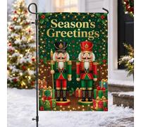 Drapeau de Noël Casse-Noisette 30,5 x 45,7 cm | Accents de houx, drapeau de cour, fond de pommes de pin, boîtes cadeaux, texte de vœux de vacances, décoration de cour