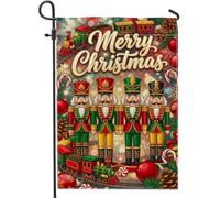Drapeau de Noël Casse-noisette et train à vapeur 30,5 x 45,7 cm | Soldats casse-noisette, drapeau de cour, train à vapeur, pommes de pin, lumières halo, décoration de cour extérieure
