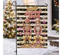 Drapeau de Noël Casse-noisette Pêche 30,5 x 45,7 cm | pois dorés, drapeau de pelouse, rayures noires et crème, décorations étoilées, décoration de jardin d'hiver