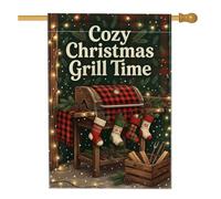 Drapeau de Noël confortable sur le thème du barbecue 71,1 x 101,6 cm | Plaid de buffle, drapeau de cour, bas suspendus, branches de pin, barbecue d'hiver, décoration extérieure rustique