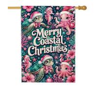 Drapeau de Noël côtier sur le thème des animaux marins 71,1 x 101,6 cm | Thème océan tropical, drapeau de pelouse, chapeau de Père Noël, accents floraux d'hibiscus, décoration de vacances côtière