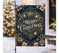 Drapeau de Noël élégant doré et bleu marine 30,5 x 45,7 cm | Étoiles dorées, drapeau de cour, branches de pin, boîtes cadeaux, sucre d'orge, houx d'hiver, lettrage élégant