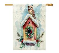 Drapeau de Noël en forme de hibou pour nichoir 71,1 x 101,6 cm pour extérieur, maison à oiseaux aquarelle amusante, drapeau vertical standard en lin, drapeau d'hiver pour la cour