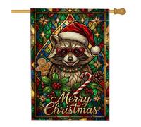 Drapeau de Noël en verre teinté raton laveur 71,1 x 101,6 cm | Style artistique en vitrail, drapeau de cour, portrait d'animaux de vacances, décoration de jardin d'hiver