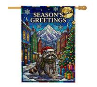 Drapeau de Noël en verre teinté raton laveur 71 x 101 cm | Effet vitrail, drapeau de cour, fond de village d'hiver, accessoire de chapeau de Père Noël, couleurs vives