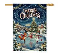 Drapeau de Noël fantaisie 71,1 x 101,6 cm Motif bonhomme de neige | Illustration de renards et de lapins, drapeau de cour, paysage d'hiver, horizon de nuit étoilée, scène de patinage sur glace