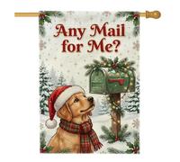 Drapeau de Noël Golden Retriever avec citation de boîte aux lettres 71,1 x | Chapeau de Père Noël, drapeau de pelouse, écharpe à carreaux, boîte aux lettres d'hiver, pins enneigés