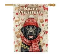 Drapeau de Noël Labrador noir 71,1 x 101,6 cm | Portrait de labrador noir, drapeau de cour, bonnet et écharpe d'hiver tricotés, motif renne, accents de canne à sucre