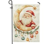 Drapeau de Noël Père Noël et lune, drapeaux de décoration de vacances rouges et dorés, drapeau de cour extérieur double face en toile de jute pour la saison d'hiver, panneau extérieur festif pour