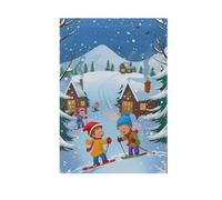 Drapeau de Noël pour enfants skiant dans le village maison jardin imprimé double face vacances décoration extérieure bannières cour pelouse décoration extérieure 71 x 101,6 cm