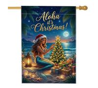 Drapeau de Noël sirène tropicale 71,1 x 101,6 cm | Thème tropical, drapeau de pelouse, décoration côtière, lanterne, nuit étoilée, boîtes cadeaux, paysage de plage