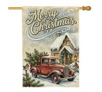 Drapeau de Noël vintage camion rouge 71 x 101,6 cm | Camion rouge vintage, drapeau de pelouse, chalet enneigé, paysage d'hiver, salutation festive, décoration de cour de vacances