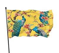 Drapeau de paon 4x6 FT aquarelle avec sur un arbre cerisier avec des fleurs fond jaune drapeaux de maison grandes bannières de cour de bienvenue décor de pelouse de jardin de maison