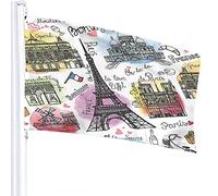 Drapeau de Paris 1,2 x 1,8 m Drapeaux de repère de la France Doodle Tour Eiffel Word Bonjuor Love Hearts Bike Drapeaux d'extérieur Grandes bannières de bienvenue pour la maison, le jardin, la pelous