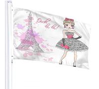 Drapeau de Paris 4x6 FT France Tour Eiffel Mode Fille Française Robe Florale Rose Doodle Fleur Drapeaux Extérieurs Grandes Bannières De Cour De Bienvenue Maison Jardin Cour Pelouse Décor