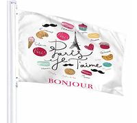 Drapeau de Paris Décor 0,9 x 1,5 m Tour Eiffel Coeur Doodle Dessert Symbole French Tour Food Bonjour Polyester Motif imprimé Décoration extérieure pour la maison et le jardin