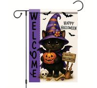 Drapeau De Pirate Chat D'Halloween, Chapeau De Sorcière Noir, Citrouille, Bonbons Ou Friandises Drapeaux Couleurs Vives Résistants Aux Intempéries Suspendus Fanion Pour Manif Balcon 70X102Cm