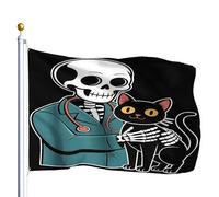 Drapeau De Pirate Personnalisé Drapeaux Squelette Étreignant Un Chat Drôle Vétérinaire Amoureux Des Chats Halloween Résistants Aux Intempéries Bruant Pour Décorations Fête Restaurant 90X150Cm