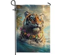 Drapeau de plage tigre tropical, drapeau floral coloré pour décoration d'intérieur, drapeau double face en toile de jute, décoration de pelouse extérieure d'été, thème animal sauvage, 30,5 x 45,7 cm