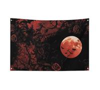 Drapeau de pleine lune avec chauves-souris et roses rouges pour Halloween, bannière de jardin de 90 x 150 cm avec 4 trous, décoration intérieure et extérieure pour la maison