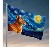 Drapeau de porche chat regardant le ciel étoilé de Van Gogh, décoration cool pour chambre d'homme et décoration de chambre (120 x 180 cm)