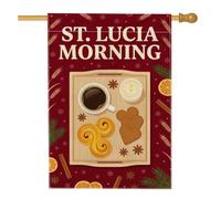 Drapeau de Saint Lucie pour petit déjeuner traditionnel 71 x 101 cm | Brioches au safran, drapeau de pelouse, tasse à café, biscuit en forme de cœur, épices d'hiver, branches de pin