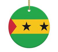 Drapeau de Sao Tomé-et-Principe en céramique à suspendre pour sapin de Noël - Décoration ronde festive pour Noël, fêtes à la maison, mariages et hiver