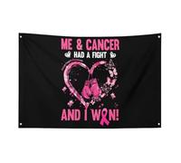 Drapeau de sensibilisation au cancer du sein : moi et le cancer, nous avons eu un combat et j'ai gagné. Bannière de jardin de 90 x 1,5 m avec 4 trous, décoration intérieure et extérieure pour la maiso