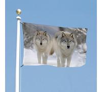 Drapeau de Vacances 90X150cm, Deux loups marchant dans la neige Renforcé Drapeau Décoratifs Suspendus Fanion pour Décorations Fête Jardin