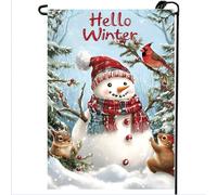 Drapeau De Vacances Bonjour L'Hiver, Bonhomme De Neige, Écureuil, Noël D'Hiver Drapeaux Résistants Aux Intempéries Décoratifs Bannière Extérieure Pour Restaurant Extérieur 70X102Cm