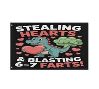 Drapeau De Vacances Double Couture Drapeaux Voler Des Cœurs Et Faire Exploser Des Pets, C'Est L'Amour Des Dinosaures Décoratifs Bruant Pour Extérieur Décorations Manif 90X150Cm