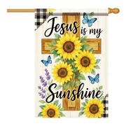 Drapeau De Vacances Jésus Religieux Est Mon Soleil Croix Avec Tournesols Et Papillons Drapeaux Avec Œillets Décoratifs Bannière Extérieure Pour Bar Célébration Anniversaire 70X102Cm