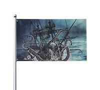 Drapeau de Vacances Kraken, bateau pirate, animal marin, Drapeaux 90X150cm | Décoratifs Bunting avec œillets Drapeau Pirate pour Bar Intérieur Maison tentacules, voilier, vague, montagne, lune,