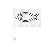 Drapeau de voiture 12x18 pouces Ichthus avec croix symbole de poisson chrétien de fenêtre double face anti-décoloration imperm