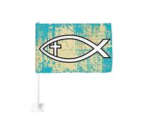 Drapeau de voiture 12x18 pouces Ichthus avec croix symbole de poisson chrétien de fenêtre double face anti-décoloration imperm