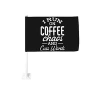 Drapeau de voiture 12x18 pouces, je cours sur du café, du chaos et des jurons, drapeau de voiture drôle, clip de fenêtre double face, résistant à la décoloration, drapeau de fenêtre de voiture étanche