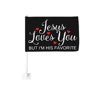 Drapeau de voiture 12x18 pouces Jésus t'aime mais je suis son préféré Drapeau de voiture foncé Clip de fenêtre double face anti-décoloration imperméab