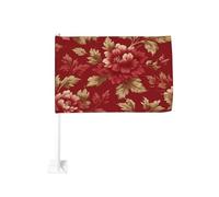 Drapeau de voiture avec fleurs rouges et feuilles dorées 30 x 45 cm - Décoration de voiture double face