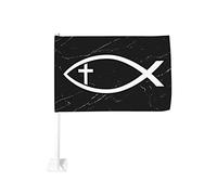 Drapeau de voiture avec symbole de poisson chrétien Ichthus avec croix 12x18 Drapeaux de voiture pour fenêtres Décoration de fenêtre de voiture, drapeaux de fenêtre de voiture imperméables Drapeau à