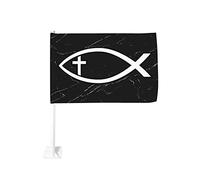 Drapeau de voiture avec symbole de poisson chrétien Ichthus avec croix 12x18 Drapeaux de voiture pour fenêtres Décoration de fenêtre de voiture, drapeaux de fenêtre de voiture imperméables Drapeau à