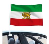 Drapeau de voiture Iran, vieux drapeau historique de l'Iran, drapeau de voiture iranienne avec mât de drapeau, vieux drapeau de l'Iran avec lions et soleil, couleurs vives, fenêtre de voiture pour