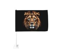 Drapeau de voiture « Jésus est roi » avec pince à fenêtre en forme de lion, protection solaire, bannière double face 30 x 45 cm pour camion.
