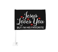 Drapeau de voiture Jésus t'aime mais je suis son préféré - 30,5 x 45,7 cm - Décoration de fenêtre de voiture - Drapeaux de fenêtre de voiture imperméables - Clip de fenêtre double face - Résistant à l