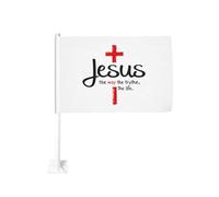 Drapeau de voiture « Jésus traverse le chemin, la vérité, la vie » avec clip de fenêtre, protection solaire, bannière double face 30 x 45 cm pour camion.
