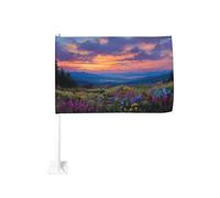 Drapeau de voiture motif fleurs sauvages colorées et coucher de soleil - 30 x 45 cm - Décoration de voiture double face