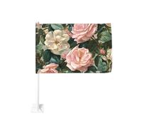 Drapeau de voiture rose et fleur blanche avec clip pour fenêtre extérieure - 30 x 45 cm - Décoration de voiture double face