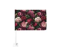 Drapeau de voiture rose et rouge pivoines avec clip pour fenêtre extérieure - 30 x 45 cm - Décoration de voiture double face