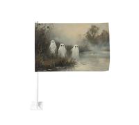 Drapeau de voiture vintage mignon fantôme debout près d'une rive de rivière - Clip pour fenêtre extérieure - 30 x 45 cm - Décoration de voiture double face