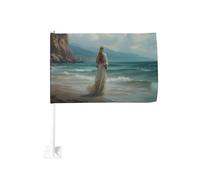 Drapeau de voiture « Woman Alone Standing On Beach » - Clip pour fenêtre extérieure - 30 x 45 cm - Décoration de voiture double face