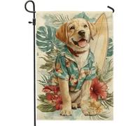 Drapeau De Welcome Fleur D'Été Chien Chiot Labrador Coloré Avec Planche De Surf 30X45Cm Drapeau De Cour Avec Œillets Résistant Aux Intempéries Bannière Cour Pour Porte Toutes Les Saisons Ferme
